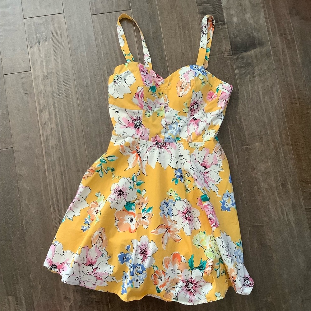 Bailey Blue Floral Yellow Fully Lined Dress, L